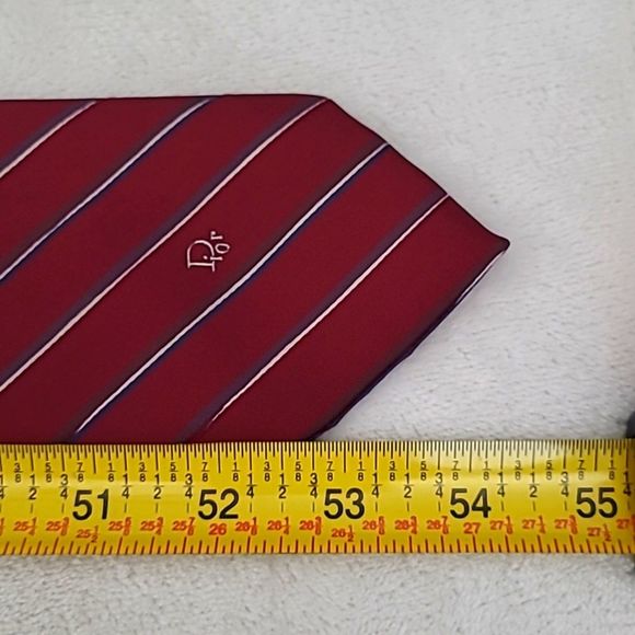 Vintage Christian Dior Men's Necktie Red Navy White Regimental Stripe Short Tie - Picture 13 of 16